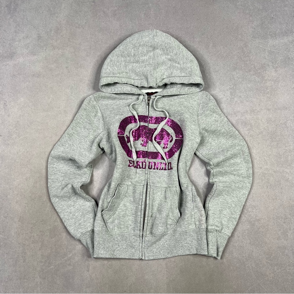 Ecko Unlimited Heather Gray Hoodie with Purple Logo Y2K